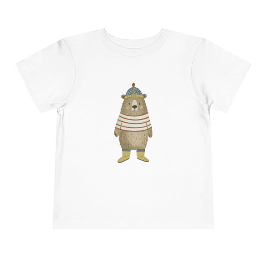 Toddler Tee — Cute Bear in Striped Sweater & Beanie