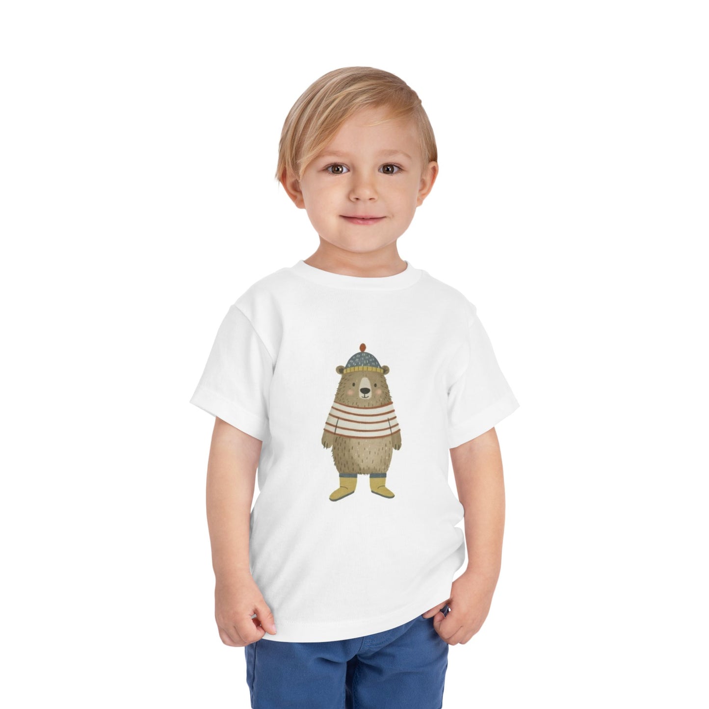 Toddler Tee — Cute Bear in Striped Sweater & Beanie